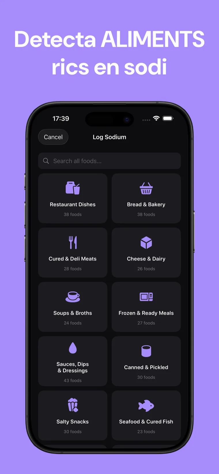Detecta ALIMENTS rics en sodi — Llista d'aliments de Sodium Tracker que mostra el contingut de sodi per article