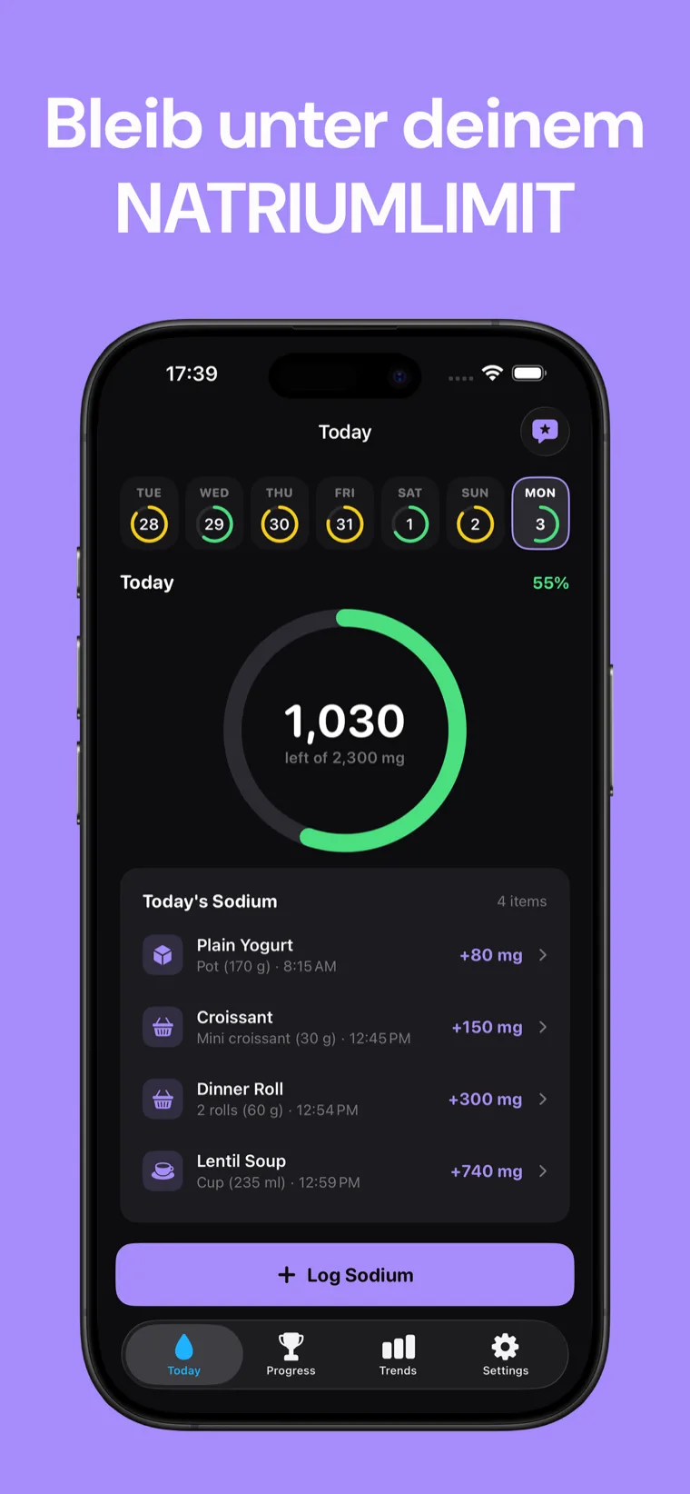 Bleib unter deinem NATRIUMLIMIT — Sodium Tracker auf dem iPhone mit dem täglichen Natrium-Fortschrittsring