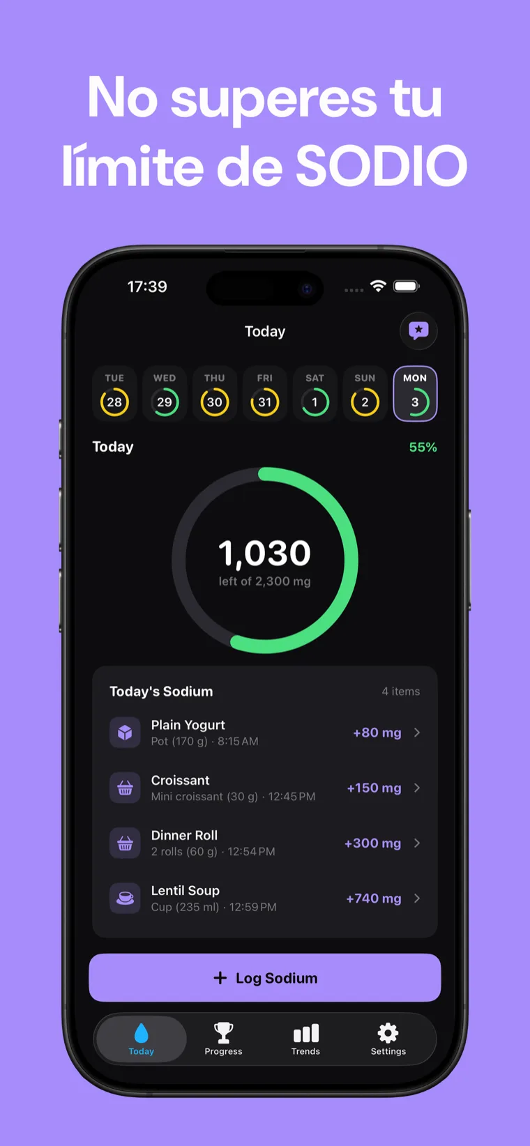 No superes tu límite de SODIO — Sodium Tracker en iPhone mostrando el anillo de progreso diario de sodio