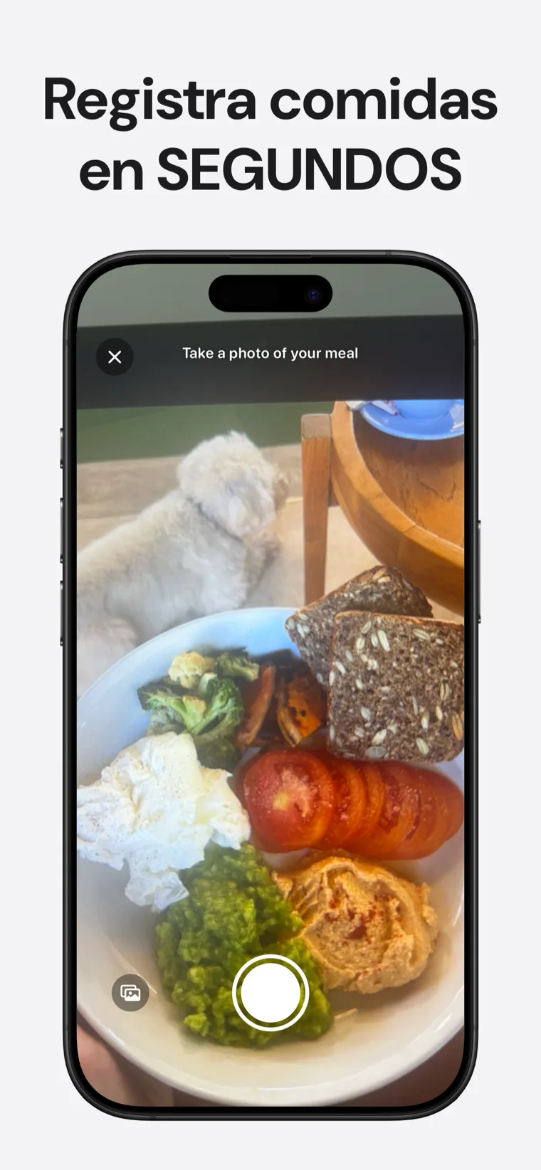 Registra comidas en SEGUNDOS — Sodio Tracker mostrando opciones de registro por foto, código de barras y voz