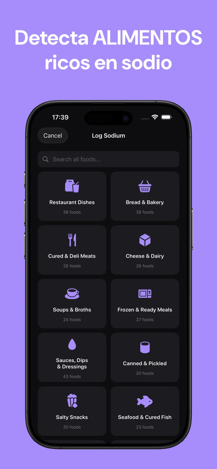 Detecta ALIMENTOS ricos en sodio — Lista de alimentos de Sodio Tracker mostrando el contenido de sodio por artículo