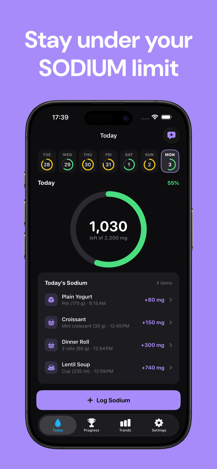 Stay under your SODIUM limit — Sodium Tracker on iPhone showing the daily sodium progress ring