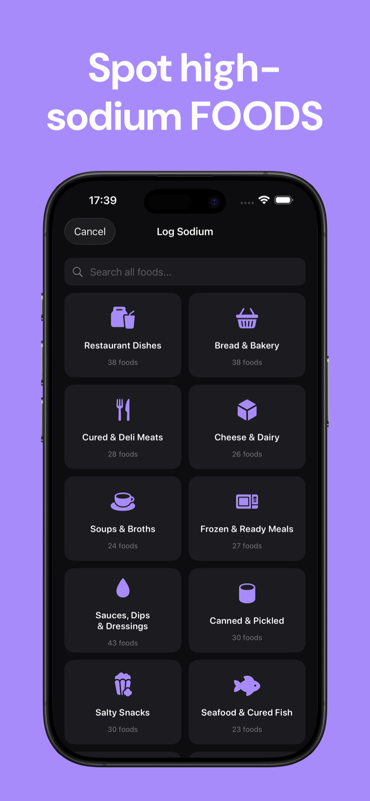 Spot high-sodium FOODS — Sodium Tracker food list showing sodium content per item