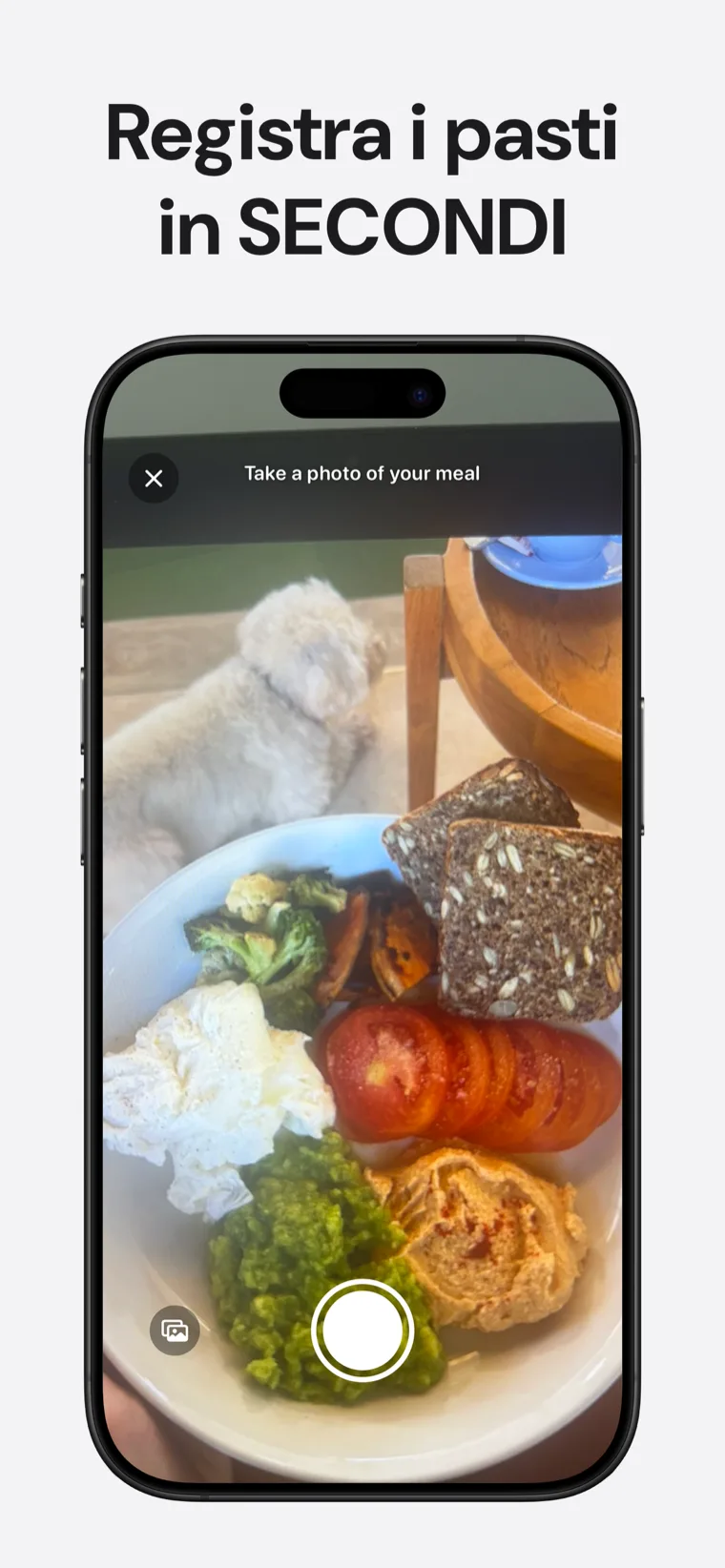 Registra i pasti in SECONDI — Sodium Tracker con le opzioni per registrare tramite foto, codice a barre o voce
