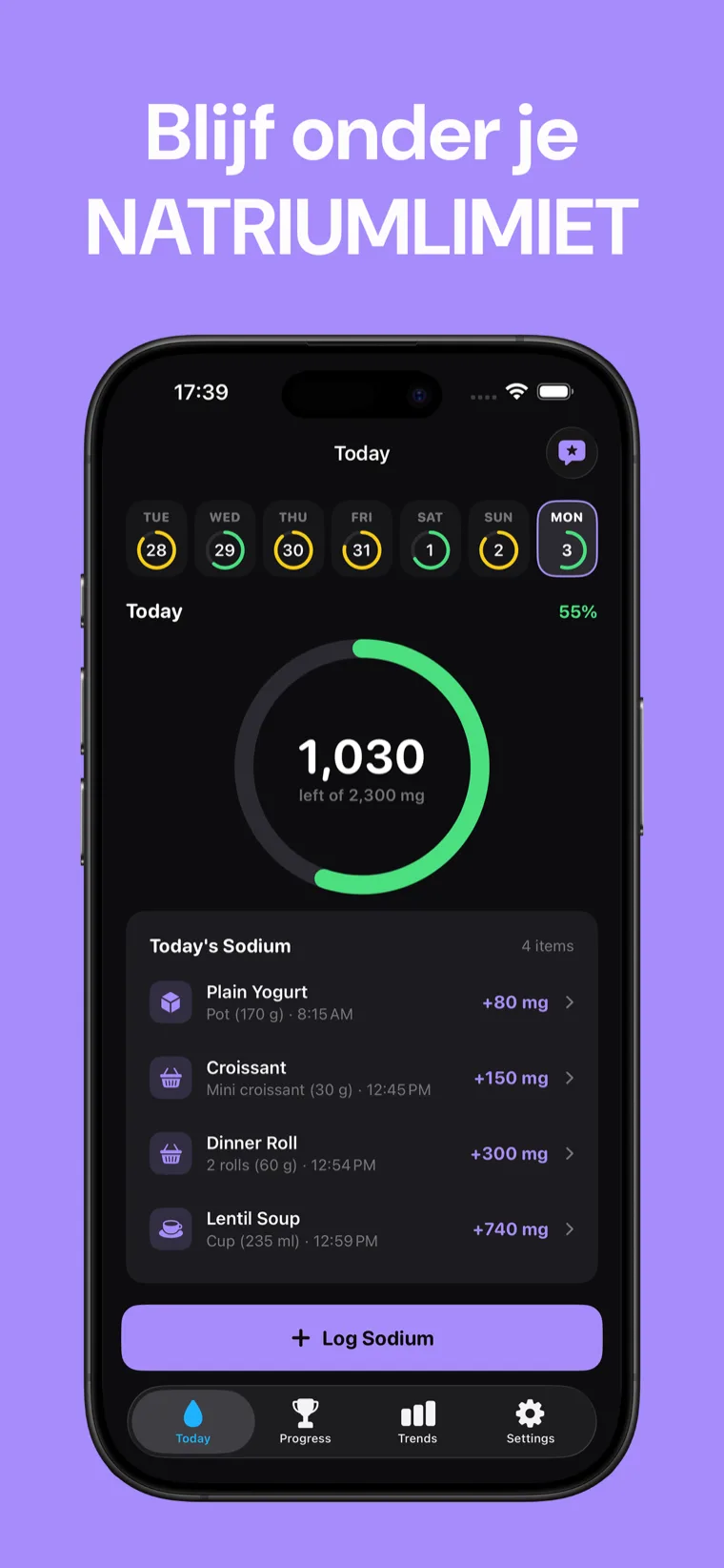 Blijf onder je NATRIUMLIMIET — Sodium Tracker op iPhone met de dagelijkse natriumvoortgangsring
