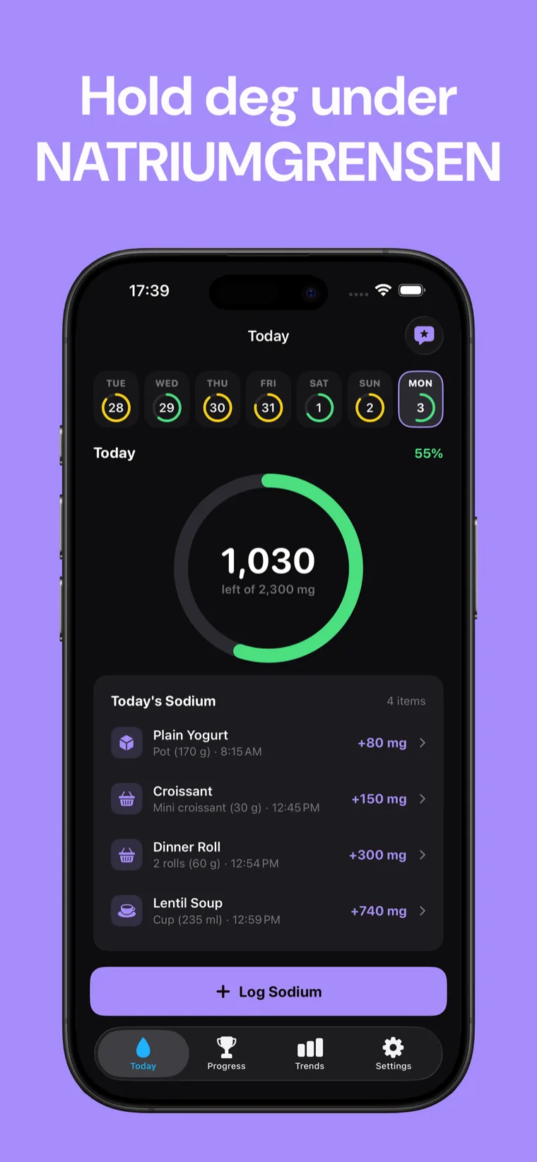 Hold deg under NATRIUMGRENSEN — Sodium Tracker på iPhone viser den daglige natrium-fremdriftsringen