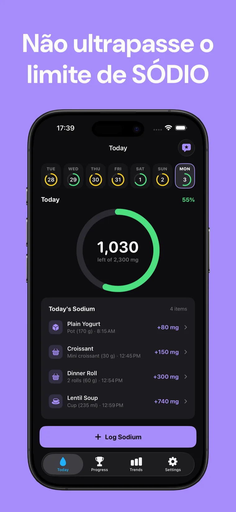 Não ultrapasse o limite de SÓDIO — Sodium Tracker no iPhone mostrando o anel de progresso diário de sódio