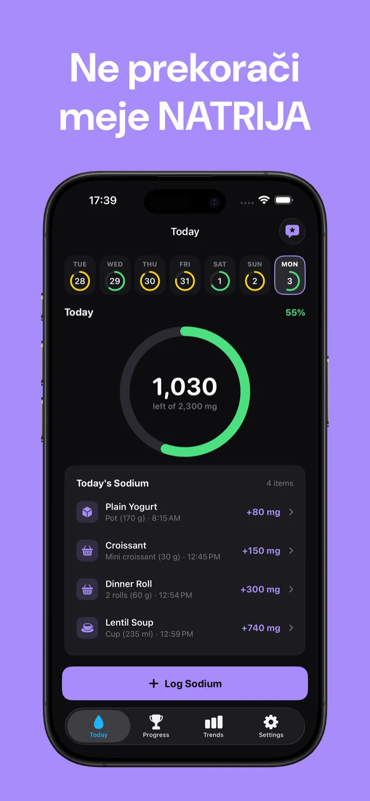 Ne prekorači meje NATRIJA — Sodium Tracker na iPhonu prikazuje dnevni napredkovni obroč natrija